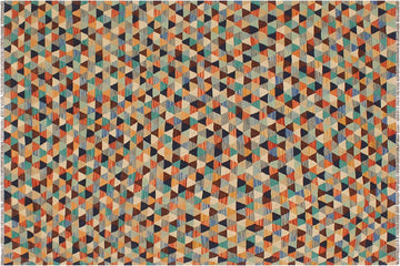 Flat Weave Kilim, Antique, Navaho, Vintage, Handmade, Modern Kilim Blue Rust Hand-Woven Rectangle 100% Wool Area Rug 5 x 6